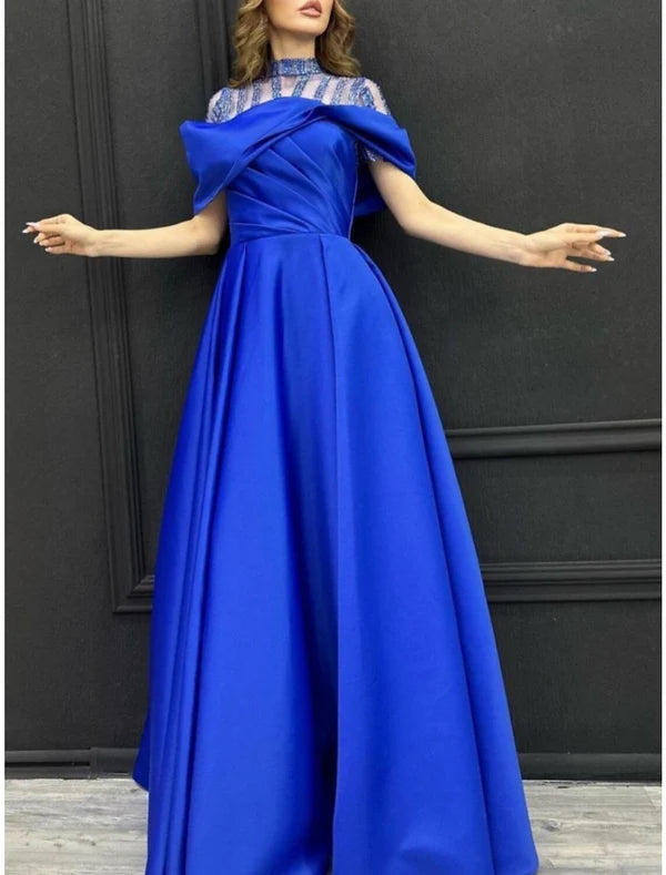 Luolandi A-Line Evening Gown Elegant Dress Formal Sweep / Brush Train Short Sleeve High Neck Satin with Pleats Crystals Sparkly